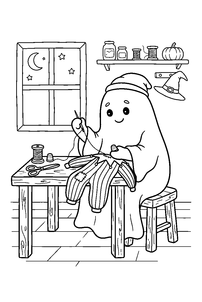 halloween ghost mending costume in sewing room line art