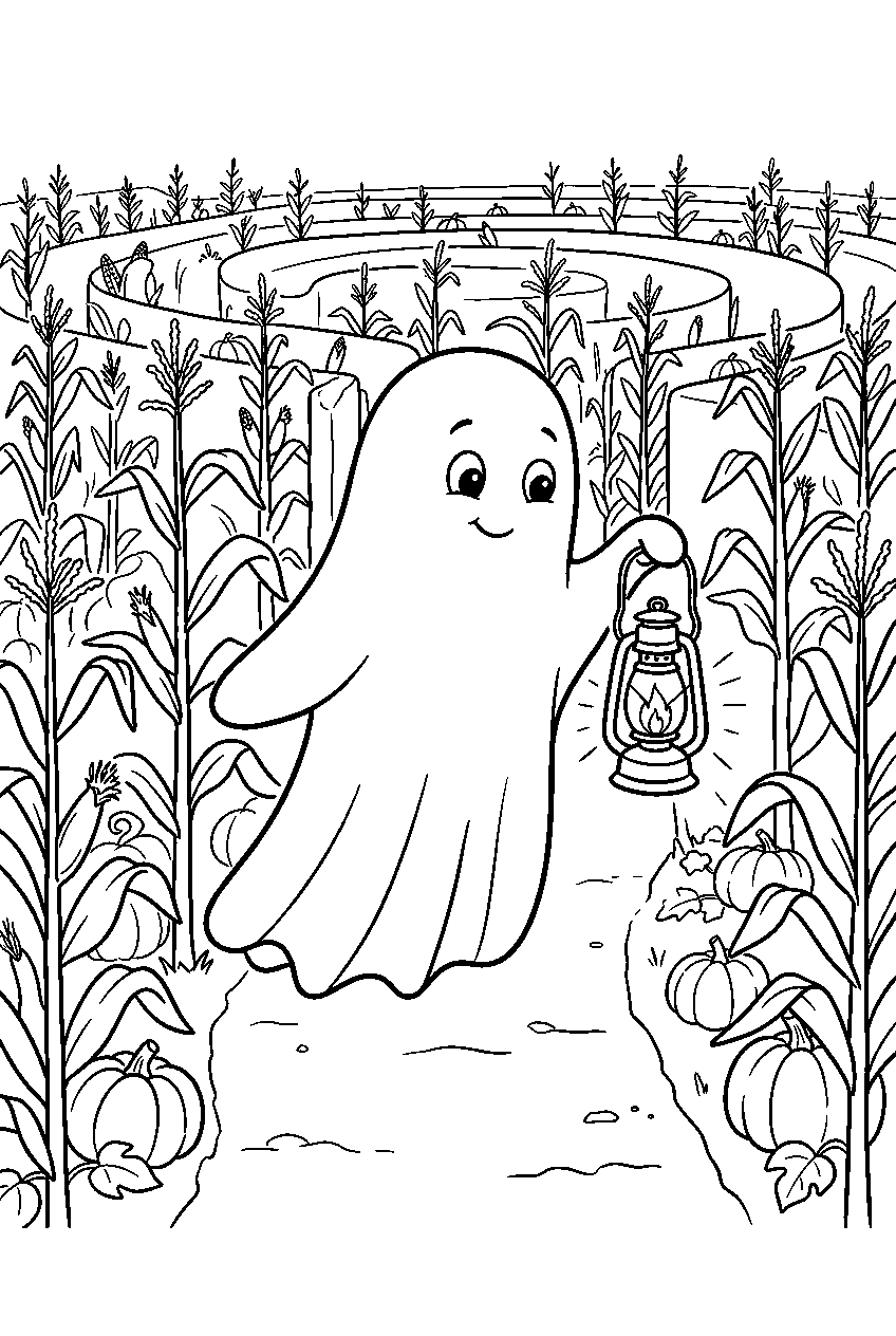 halloween ghost navigating corn maze with lantern line art