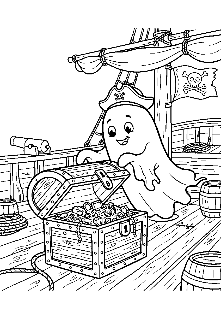 halloween ghost opening treasure chest aboard pirate ship line art