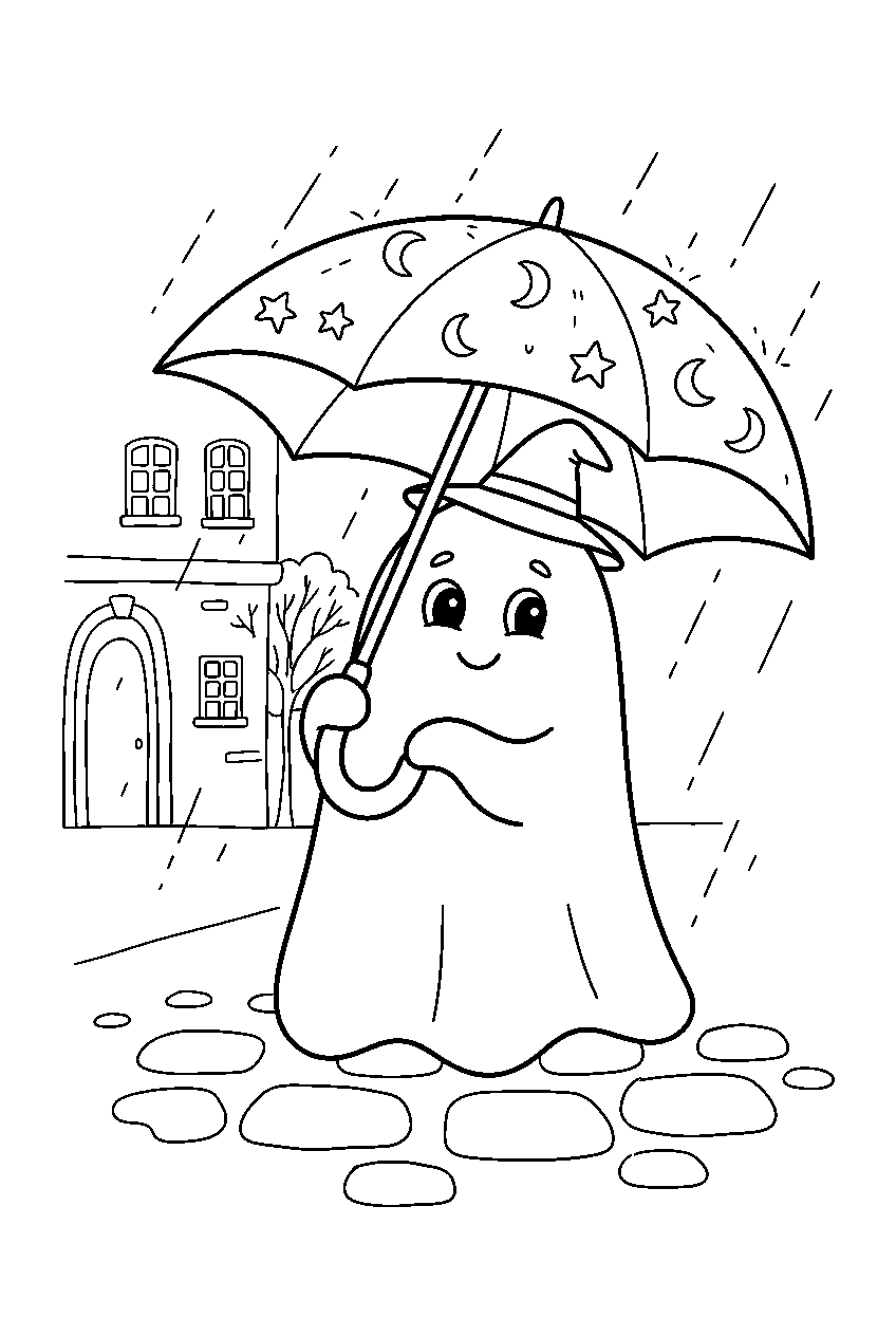 halloween ghost opening umbrella on rainy cobblestone street line art