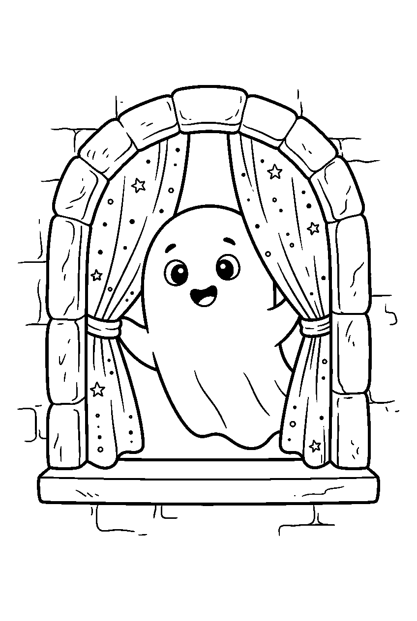 halloween ghost peeking through curtains in tower window line art