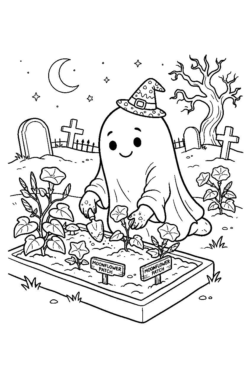 halloween ghost planting moonflowers in cemetery garden line art