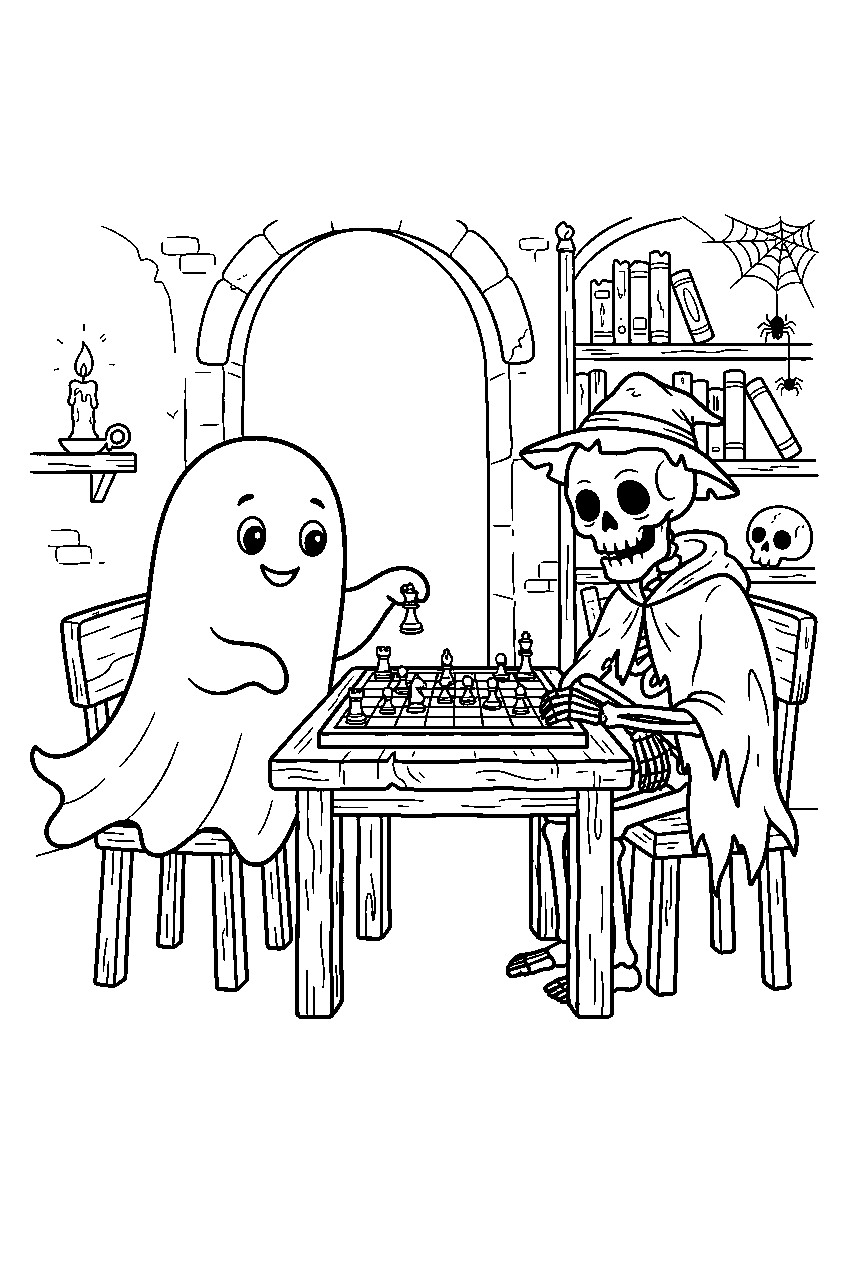 halloween ghost playing chess in haunted library line art