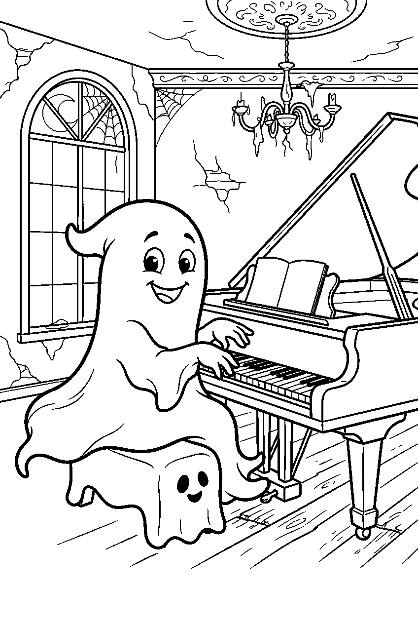 halloween ghost playing piano in abandoned ballroom line art