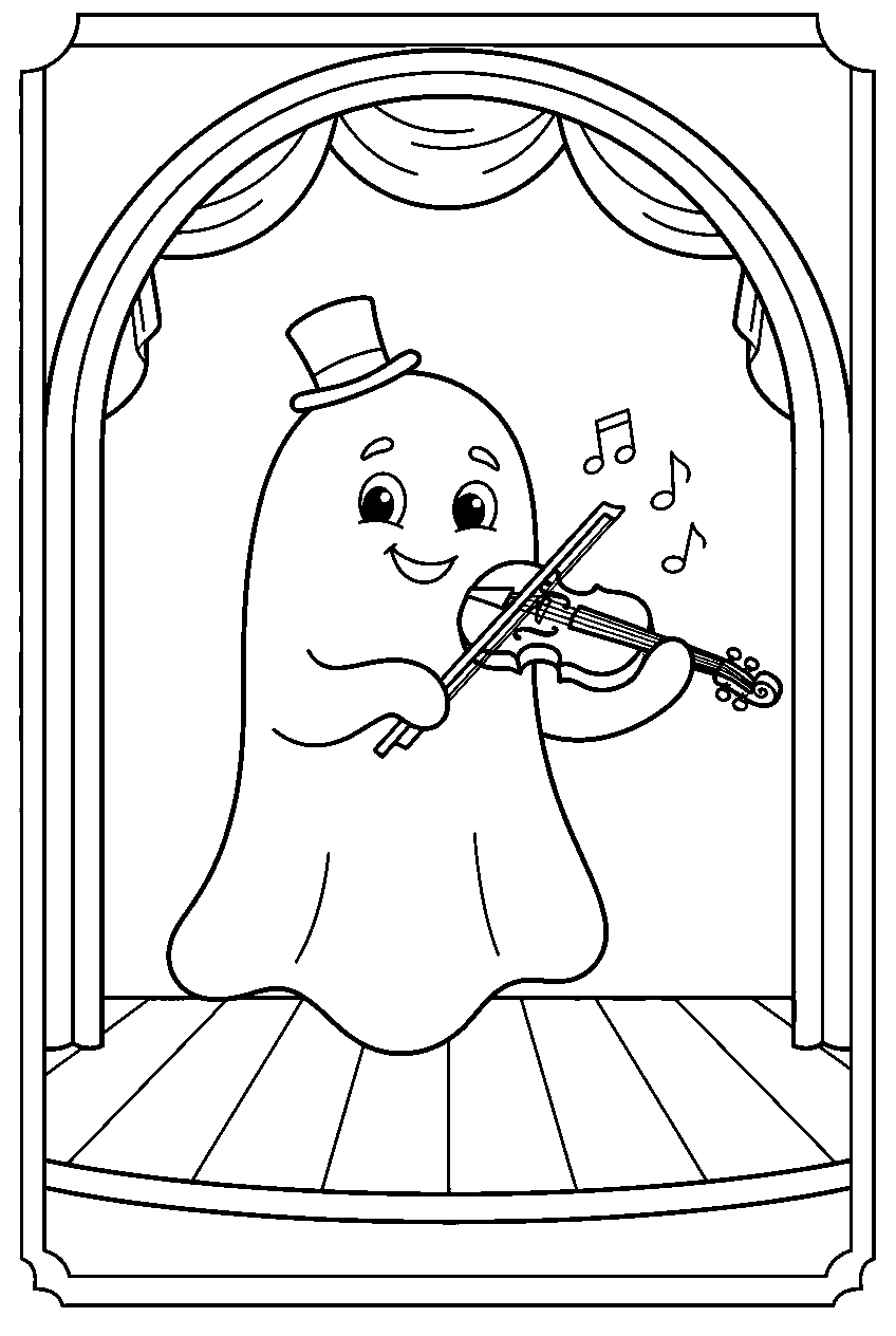 halloween ghost playing violin on theater stage line art