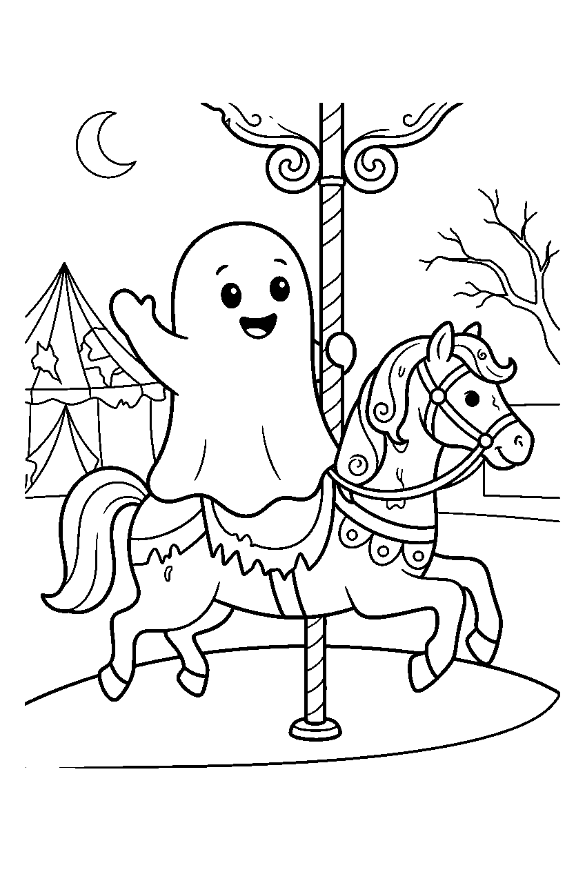 halloween ghost riding carousel at abandoned carnival line art