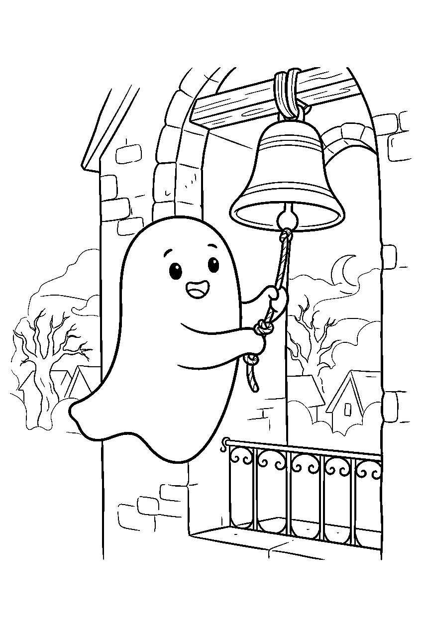 halloween ghost ringing bell in foggy village chapel line art