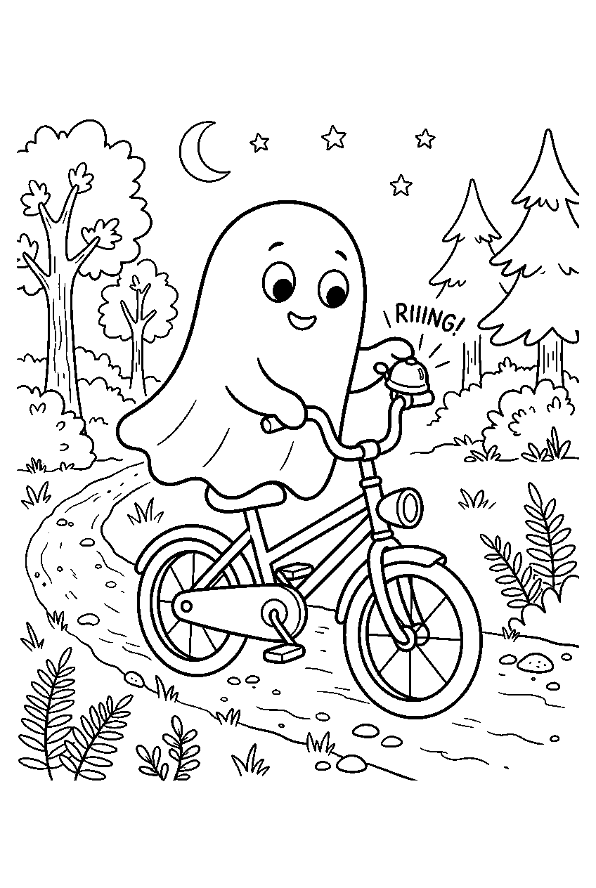 halloween ghost ringing bicycle bell on forest trail line art