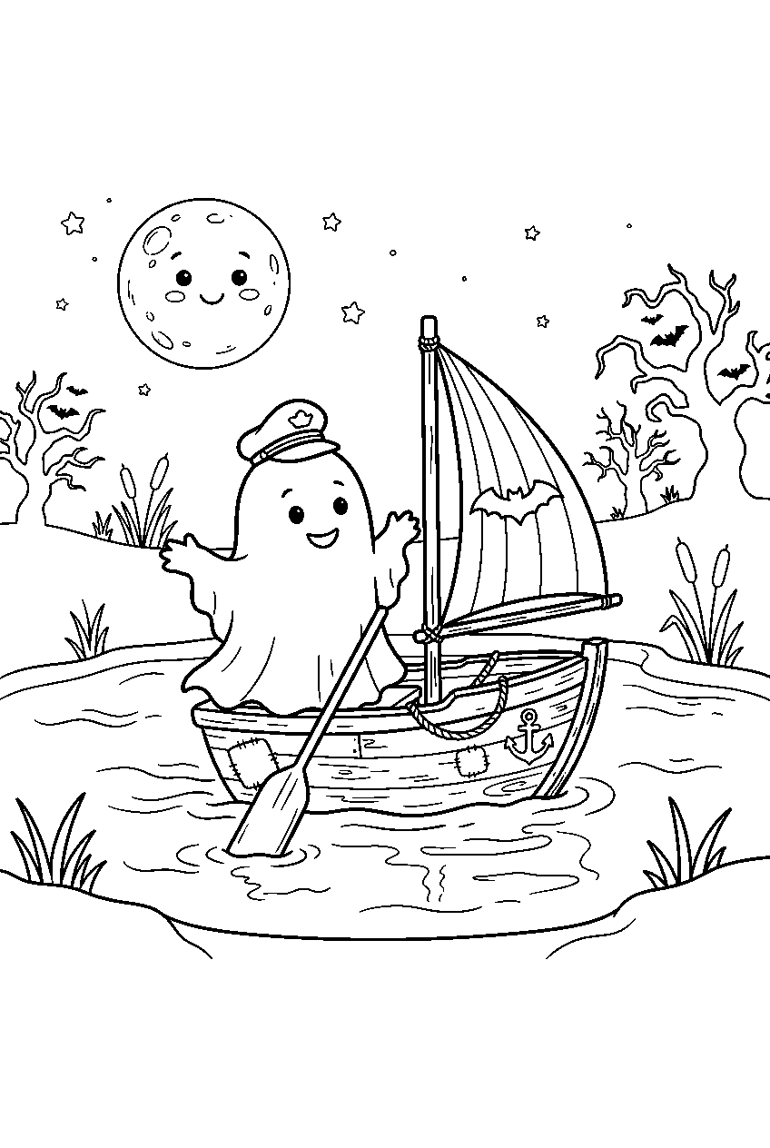 halloween ghost sailing toy boat across moonlit pond line art