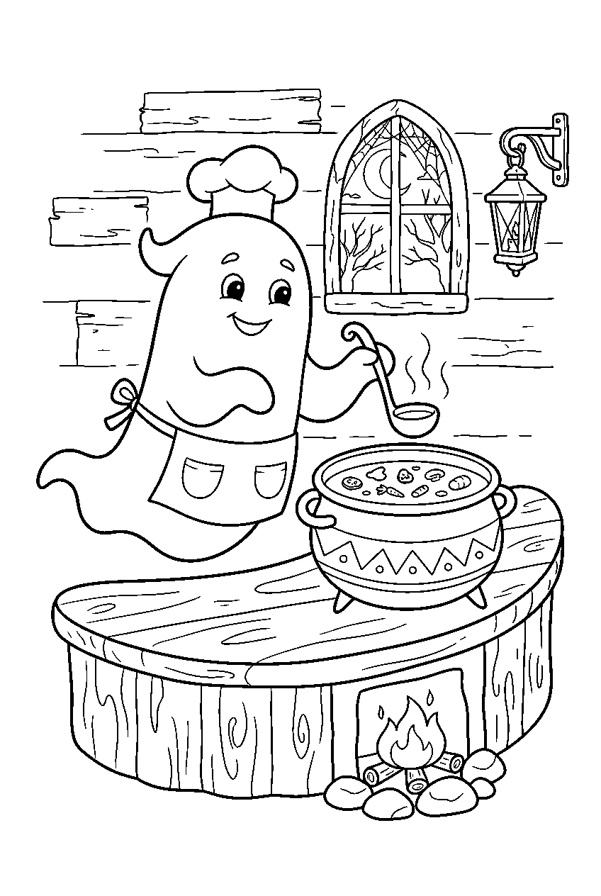 halloween ghost serving soup in haunted inn line art