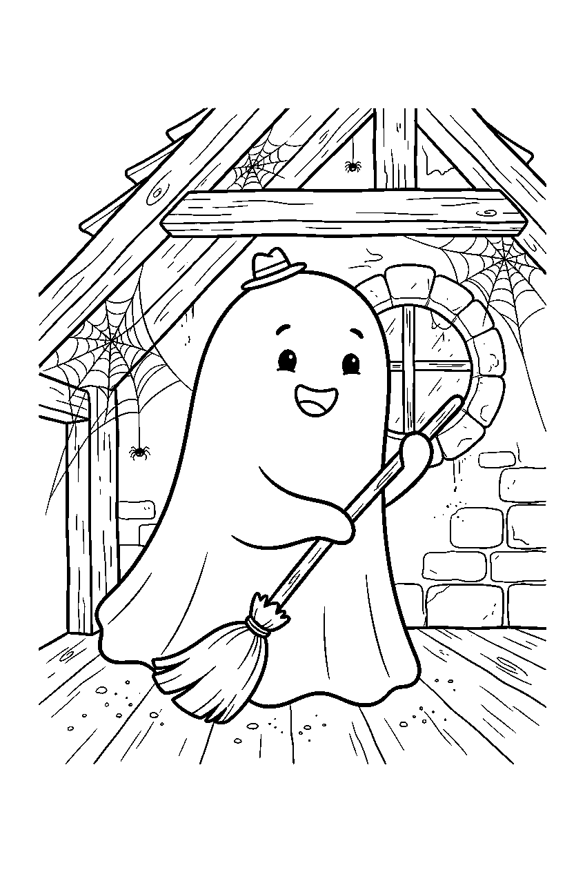 halloween ghost sweeping cobwebs in castle attic line art