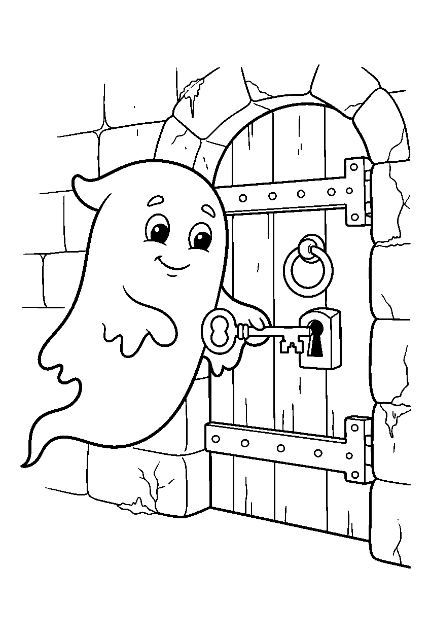 halloween ghost unlocking iron door in stone crypt line art