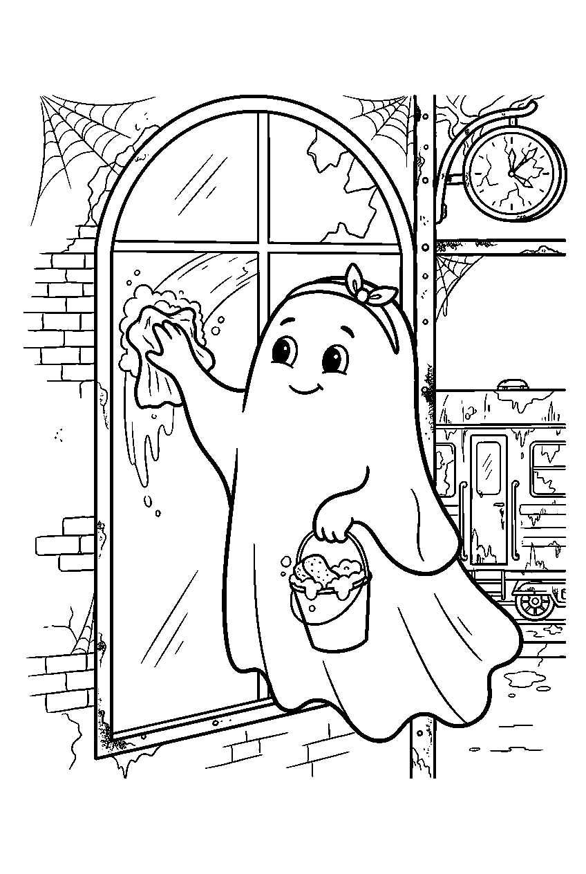 halloween ghost washing windows in abandoned train station line art