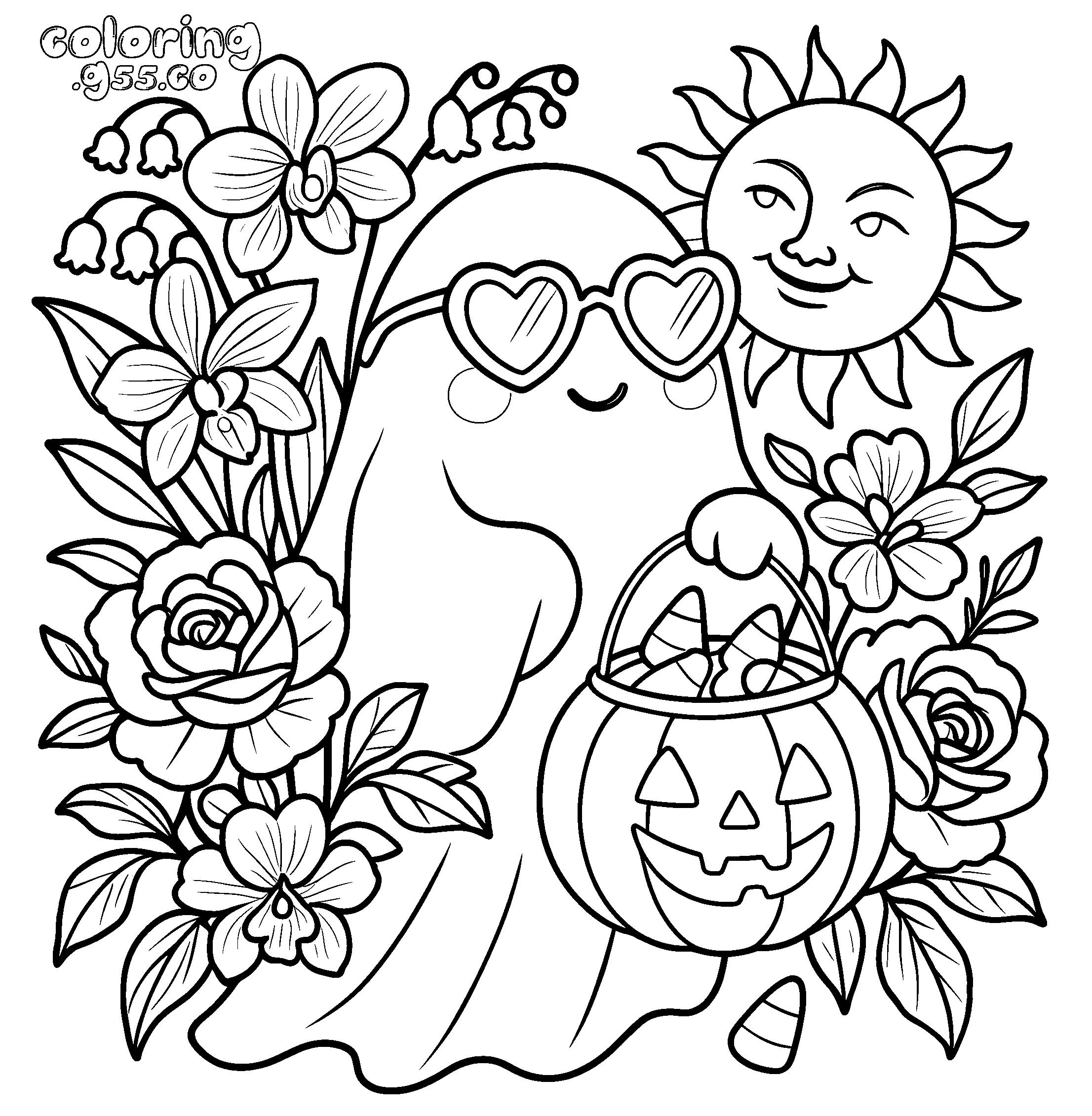 kawaii ghost pumpkin bucket line art