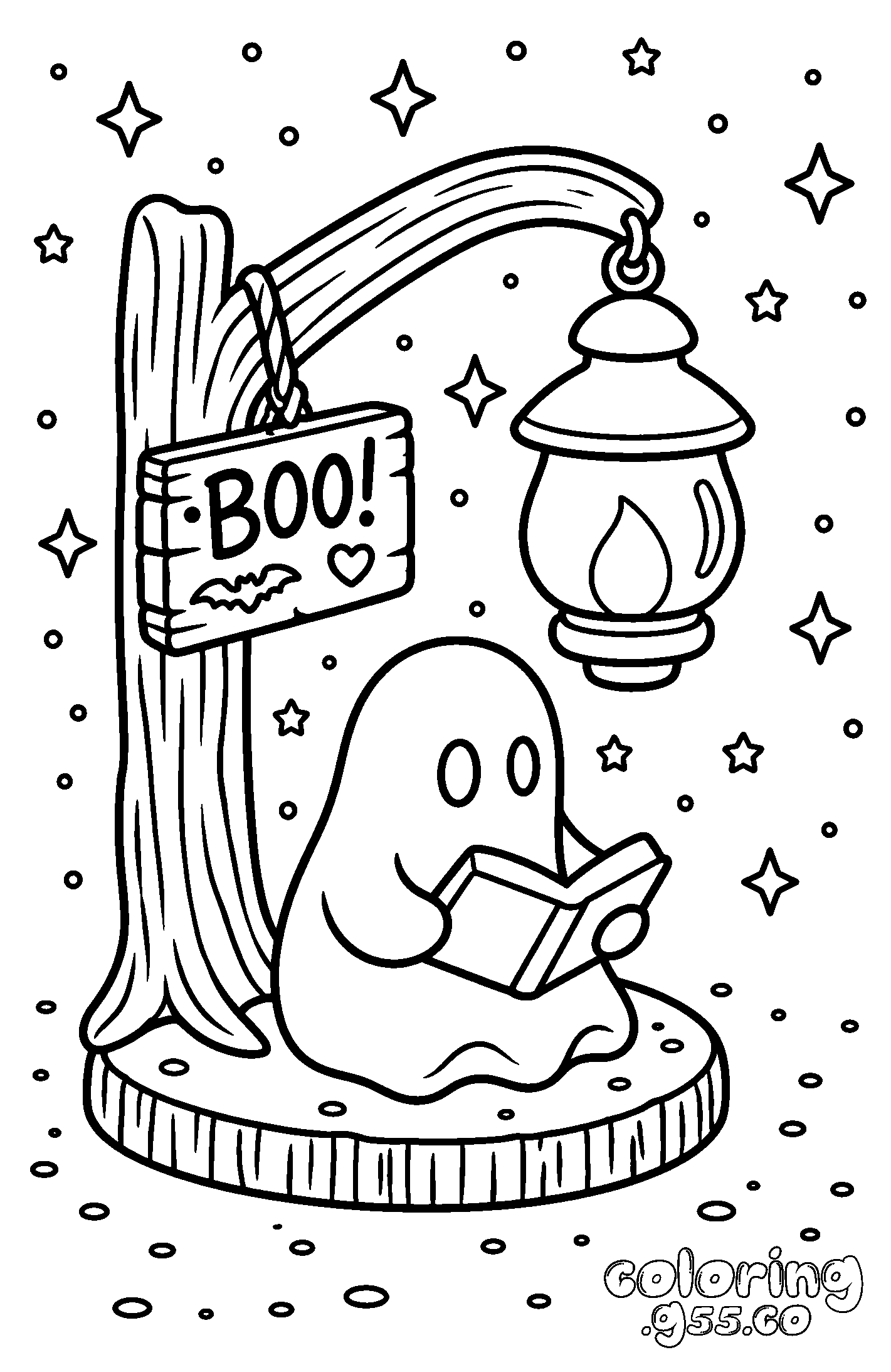 kawaii ghost reading book line art for kids