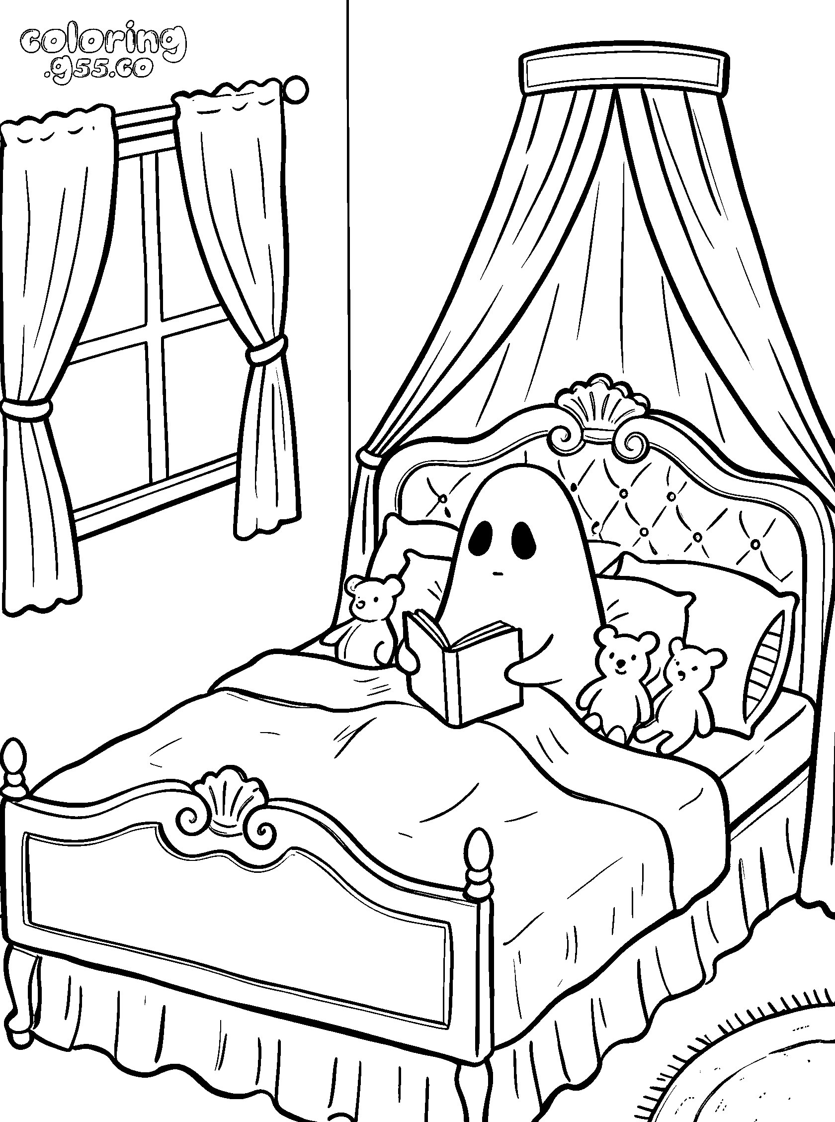 kawaii ghost reading in bed line art