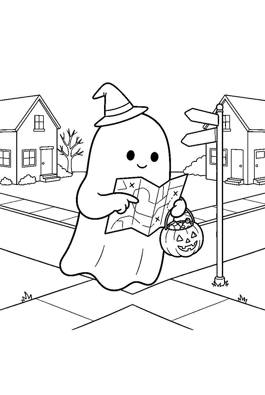 trick or treat ghost checking map at neighborhood crossroads line art