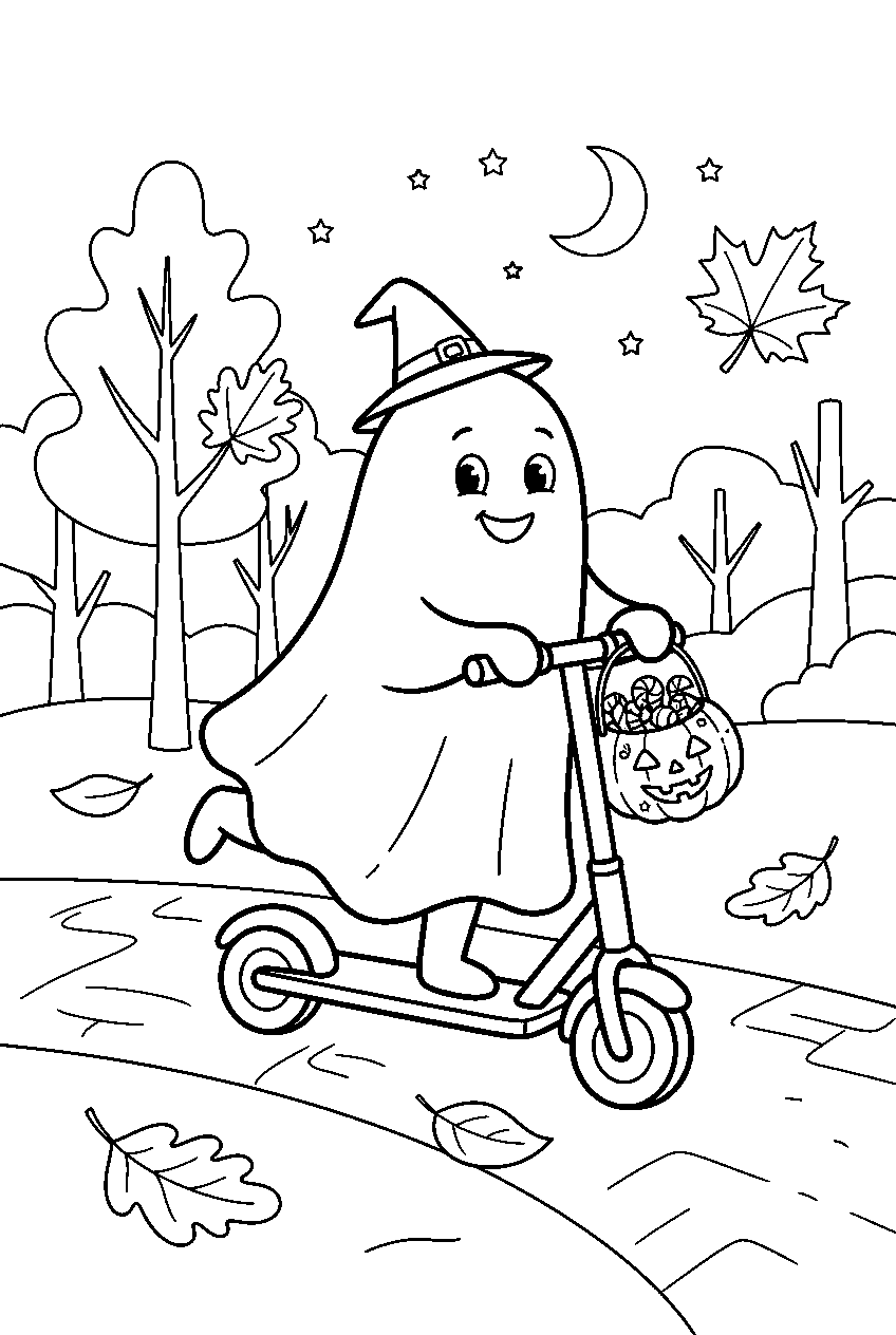trick or treat ghost riding scooter through autumn park line art