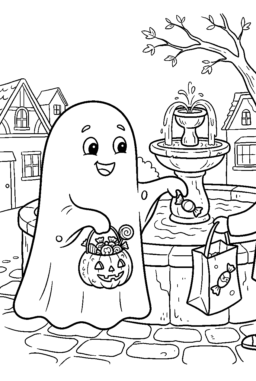 trick or treat ghost sharing sweets beside village fountain line art