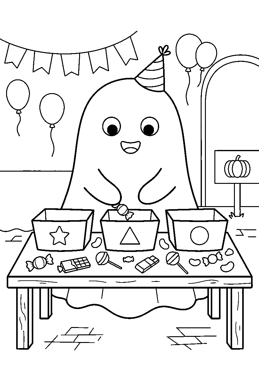trick or treat ghost sorting candy at school festival line art