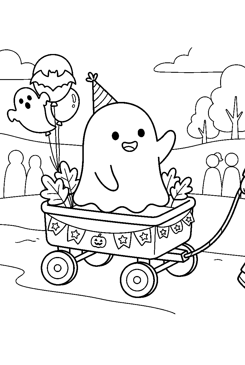 trick or treat ghost waving from decorated wagon in parade line art