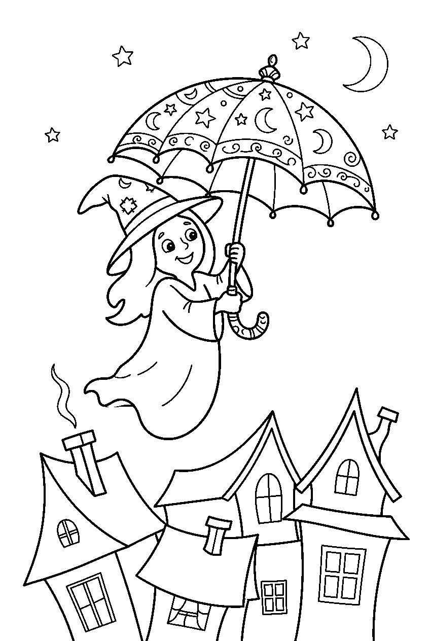 witch ghost flying umbrella above crooked rooftops line art