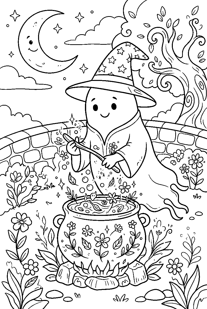 witch ghost mixing flower potion in moonlit garden line art