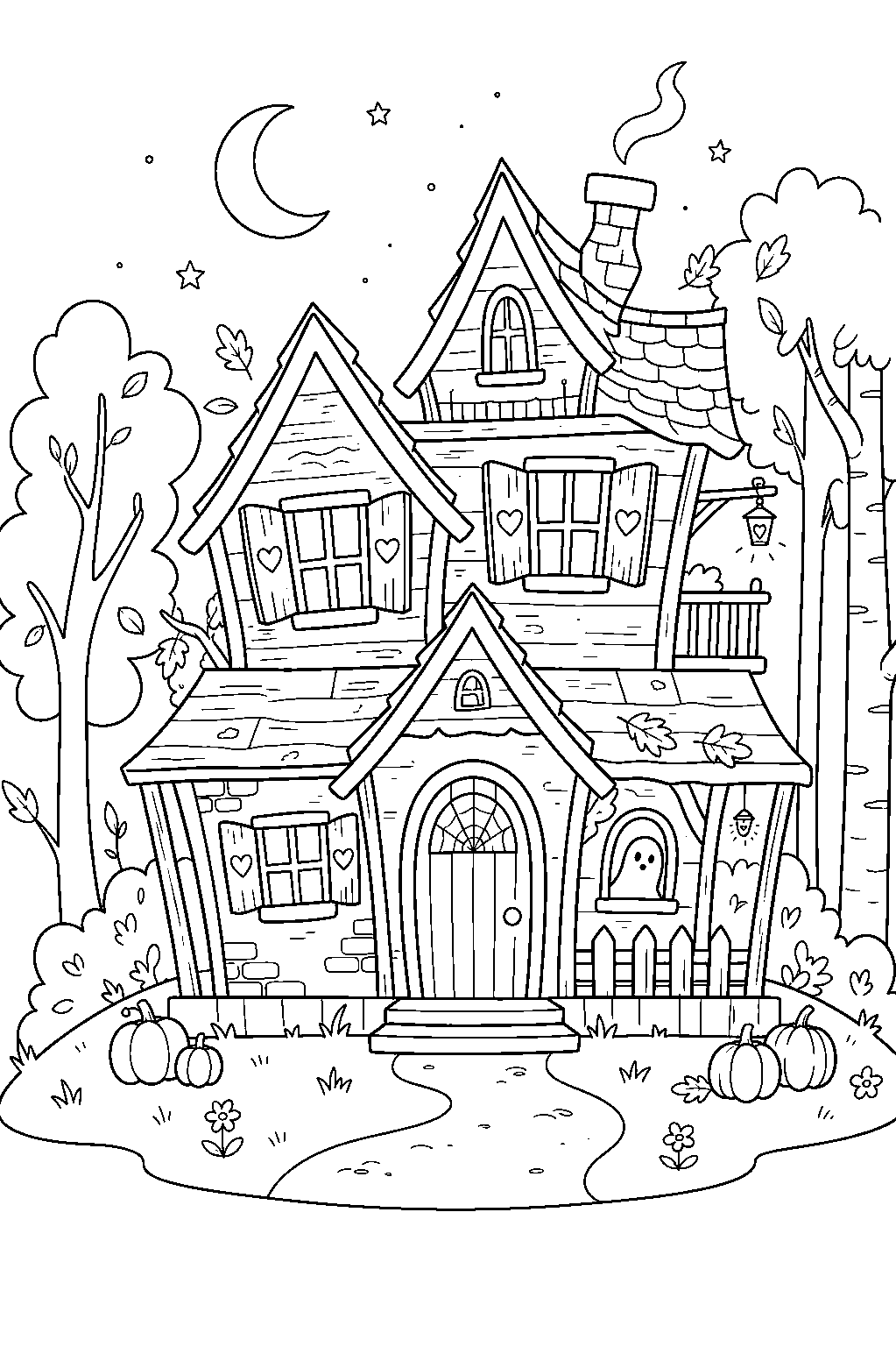 cute haunted house displaying heart shutters in woodland clearing line art