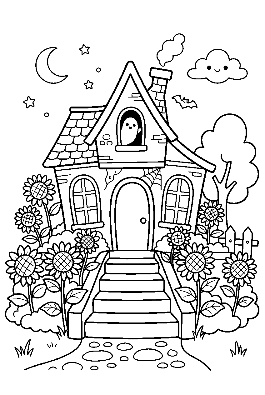 cute haunted house growing sunflowers around front steps line art