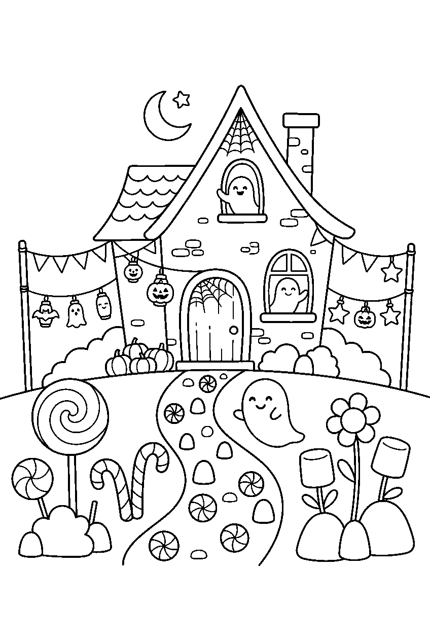 cute haunted house hanging lanterns across candy garden line art
