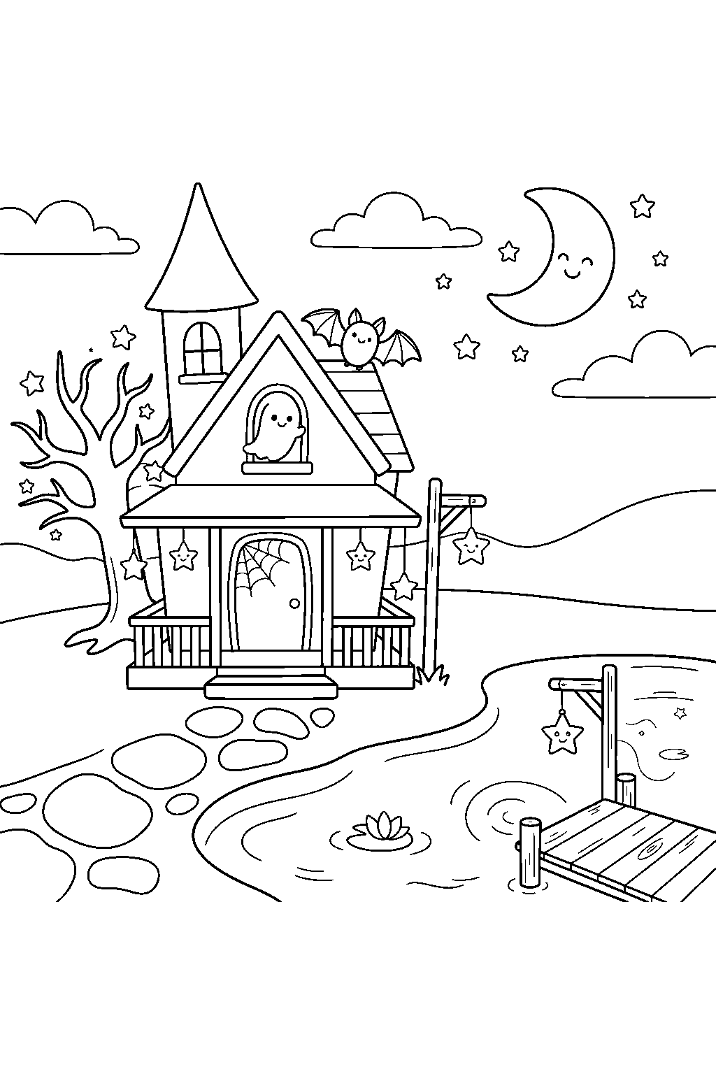 cute haunted house lighting star lanterns beside village pond line art