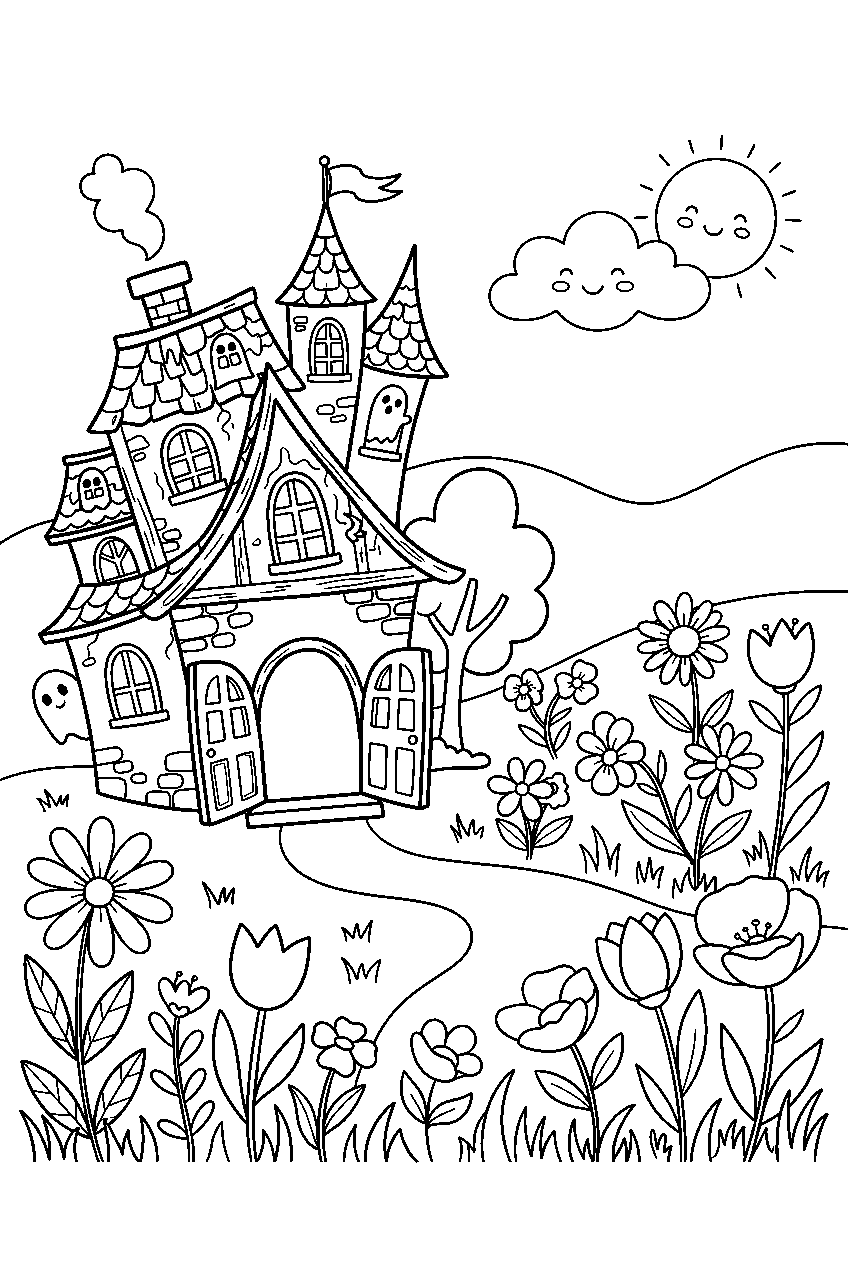 cute haunted house opening tiny doors beside flower meadow line art