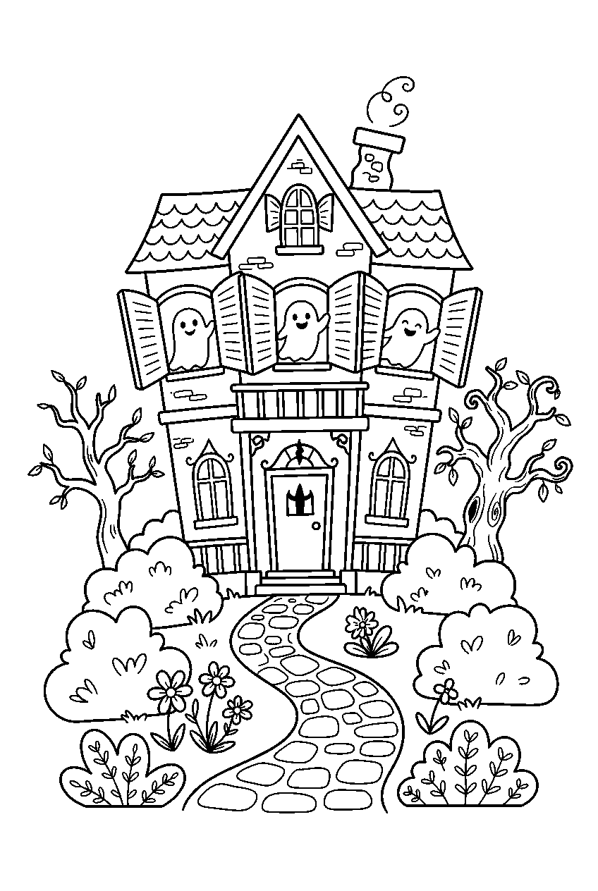 easy haunted house opening shutters above garden path line art