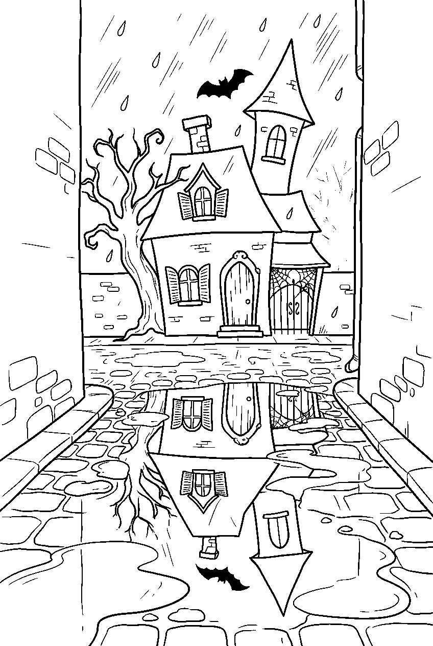 easy haunted house reflecting in puddles along rainy alley line art