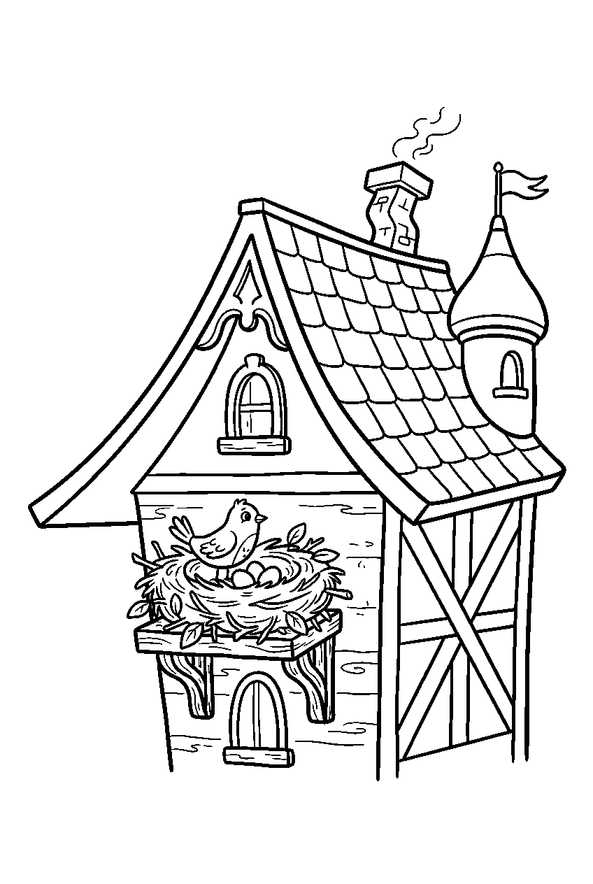 easy haunted house sheltering bird nest beneath rooftop line art