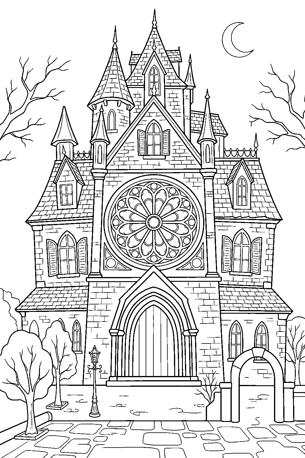 gothic haunted house revealing rose window over cathedral square line art