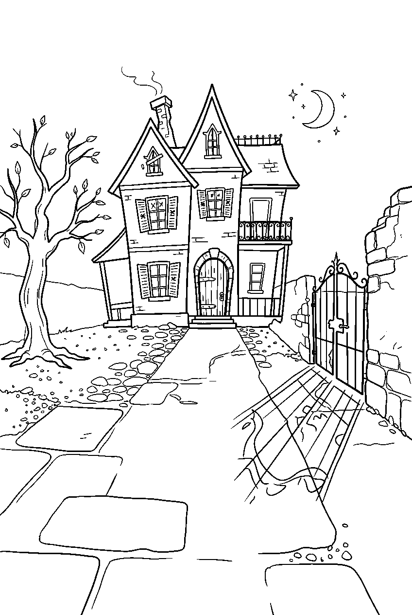 haunted house casting long shadows across empty courtyard line art