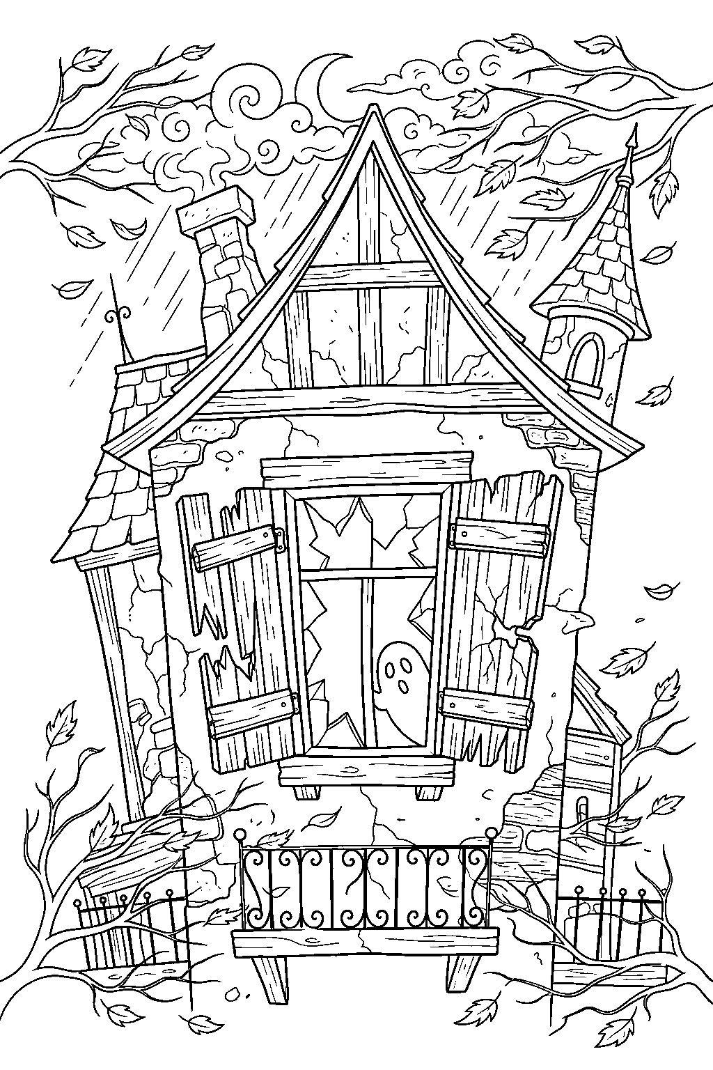 haunted house cracking shutters during autumn storm line art