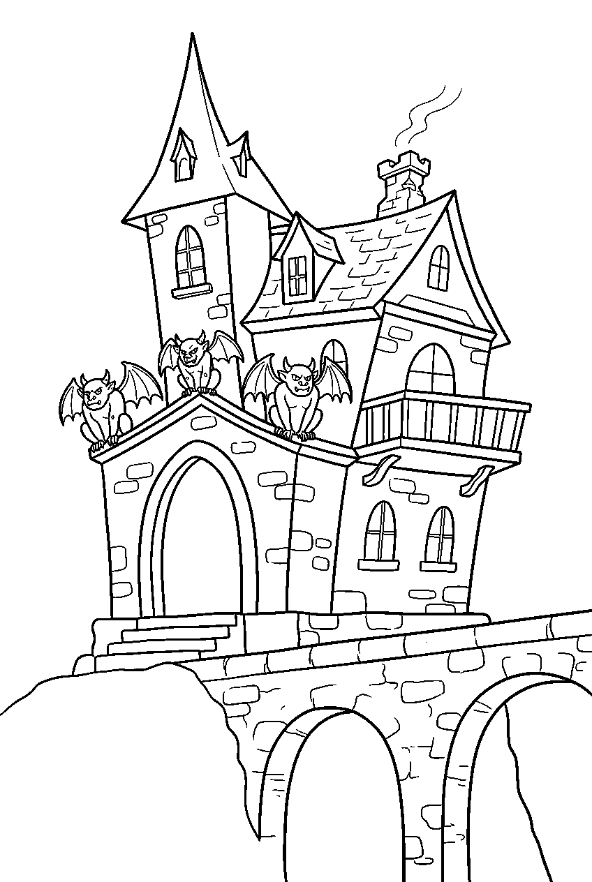 haunted house displaying gargoyles above stone aqueduct line art