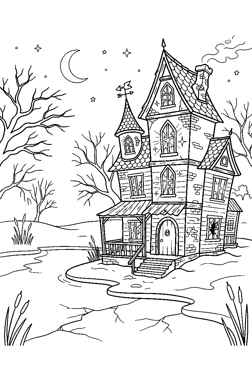 haunted house glowing through broken windows beside frozen lake line art