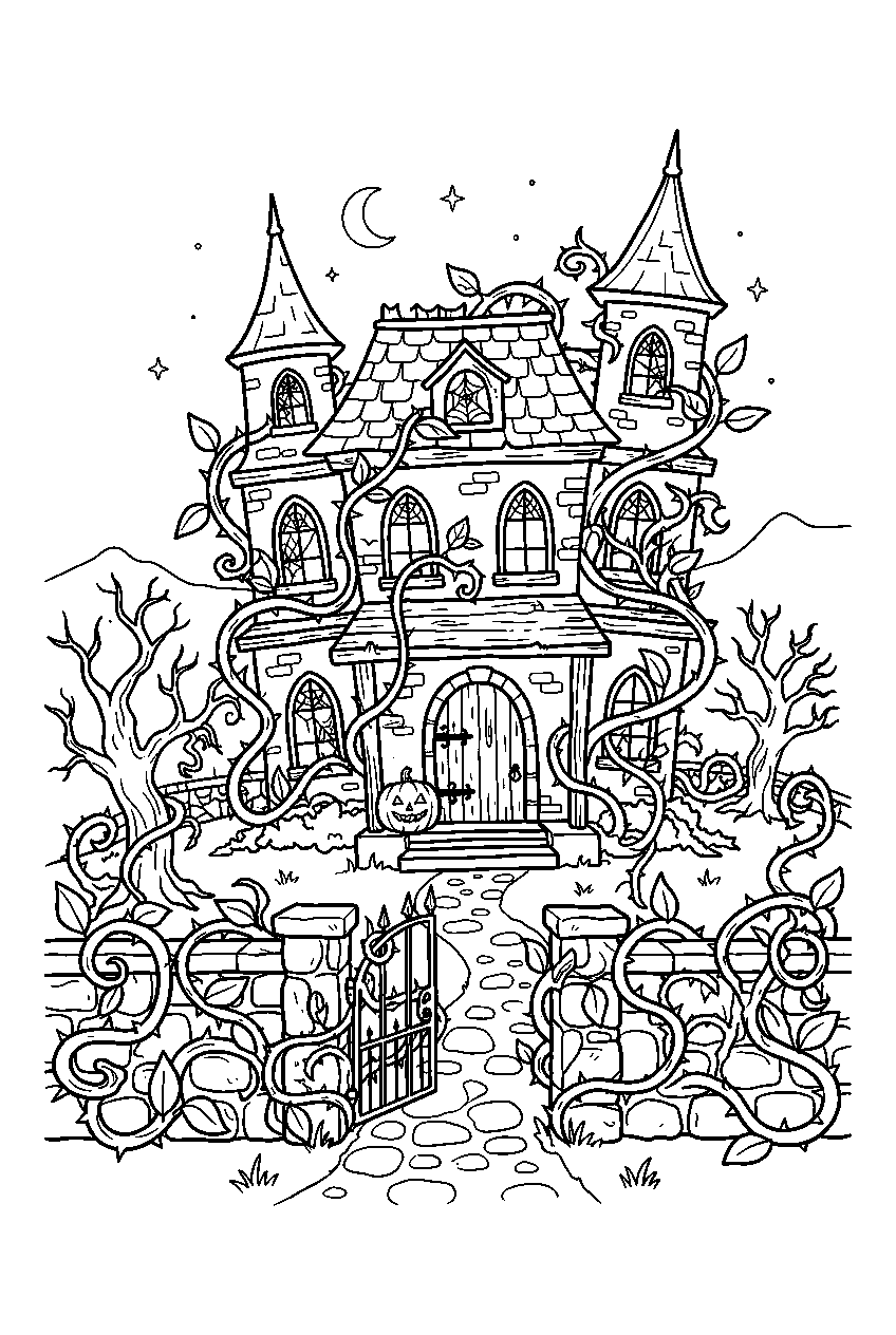 haunted house growing thorny vines around garden wall line art