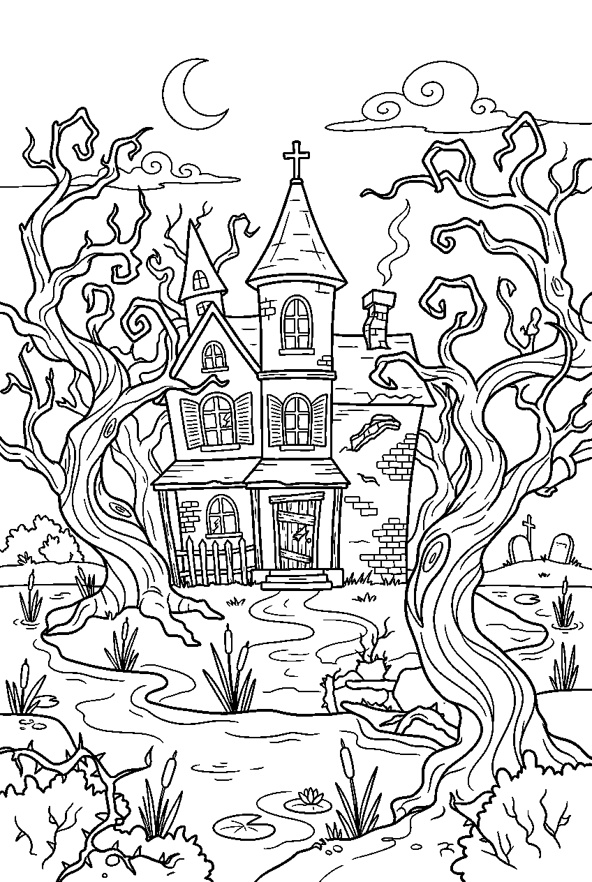 haunted house hiding behind twisted trees in dark swamp line art
