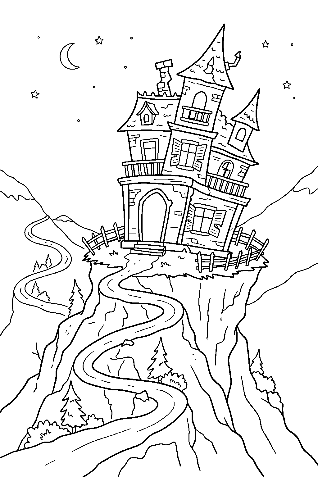 haunted house leaning above winding mountain road line art