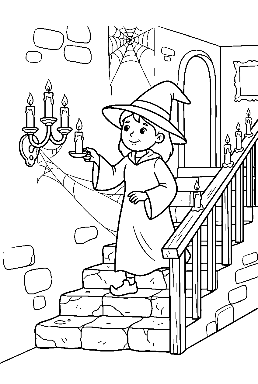 haunted house lighting candles along stone staircase line art