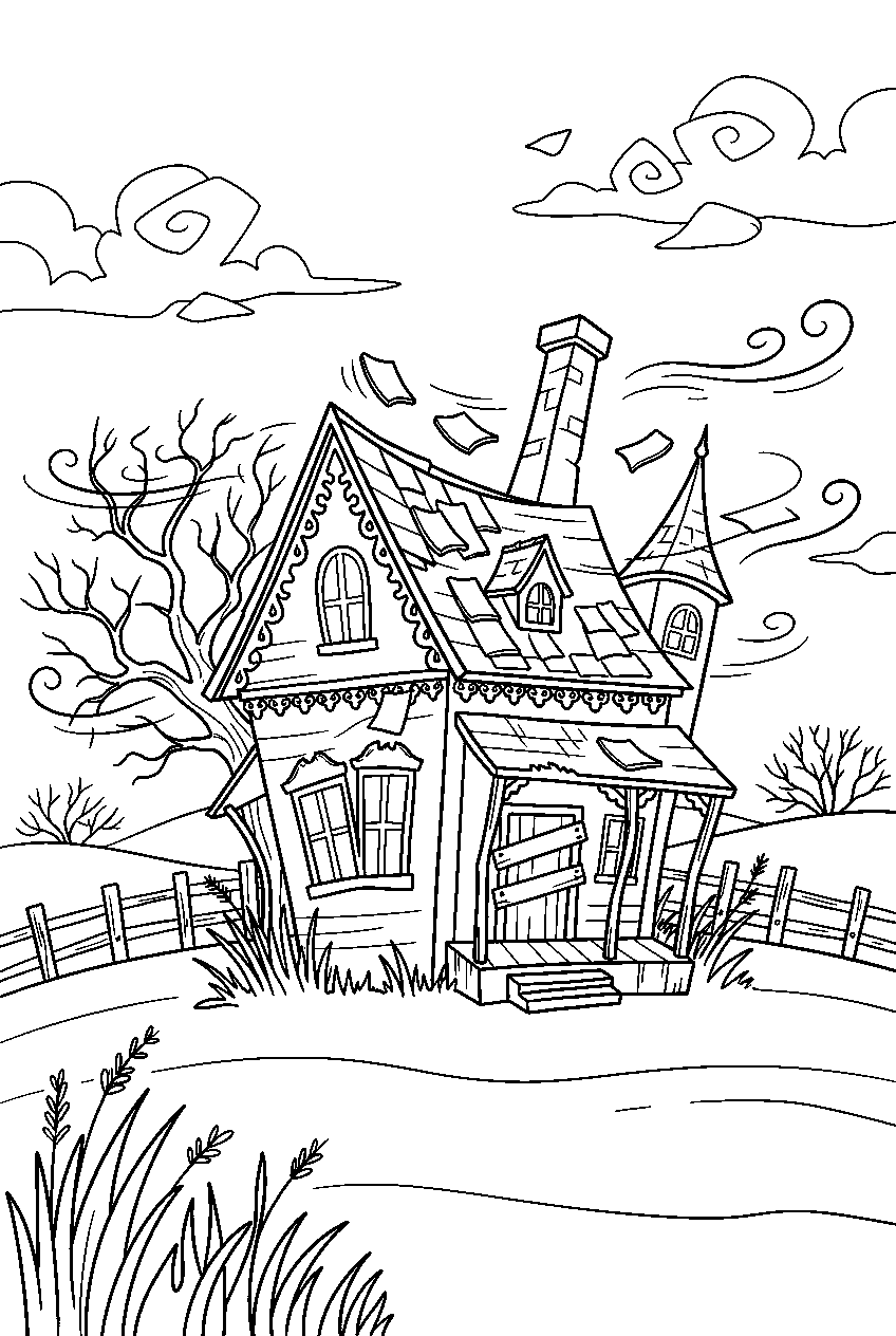 haunted house losing roof tiles in windy farm field line art
