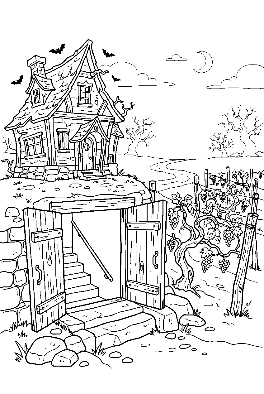 haunted house opening cellar doors beside old vineyard line art