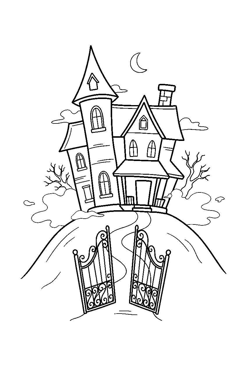 haunted house opening crooked gates on foggy hill line art