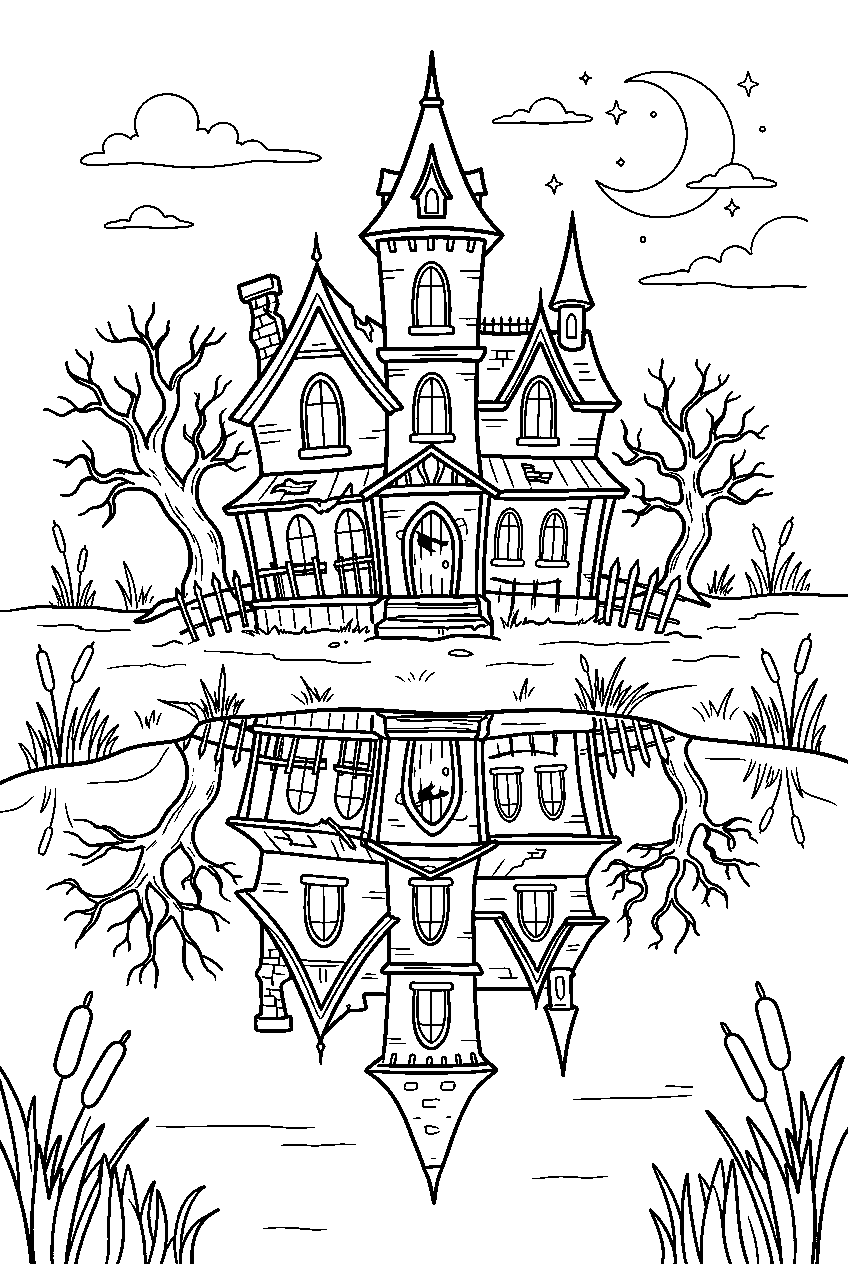 haunted house reflecting in still water near marsh line art