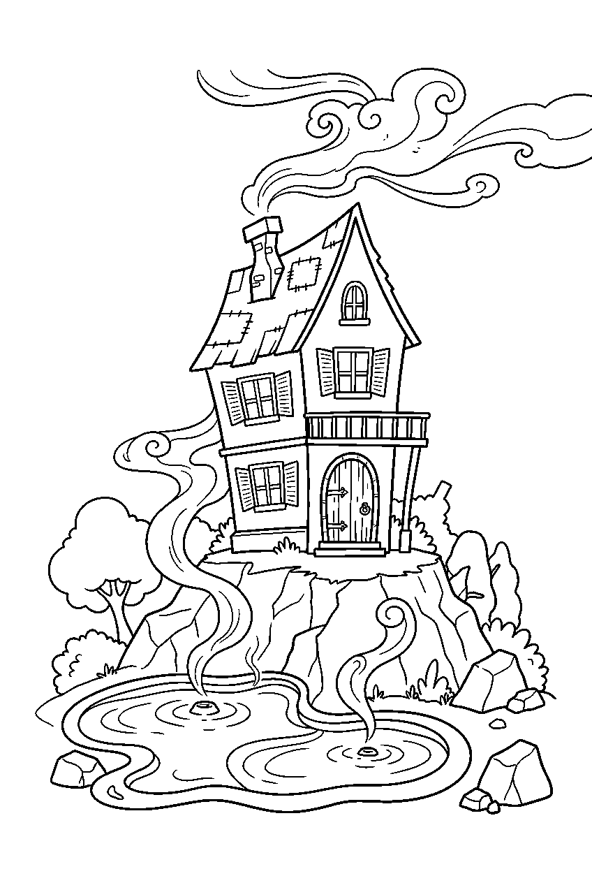 haunted house releasing steam across geothermal springs line art