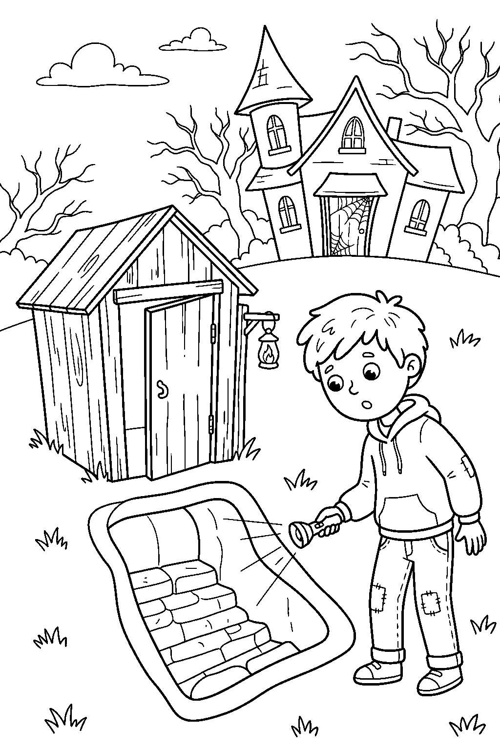 haunted house revealing secret tunnel beneath garden shed line art